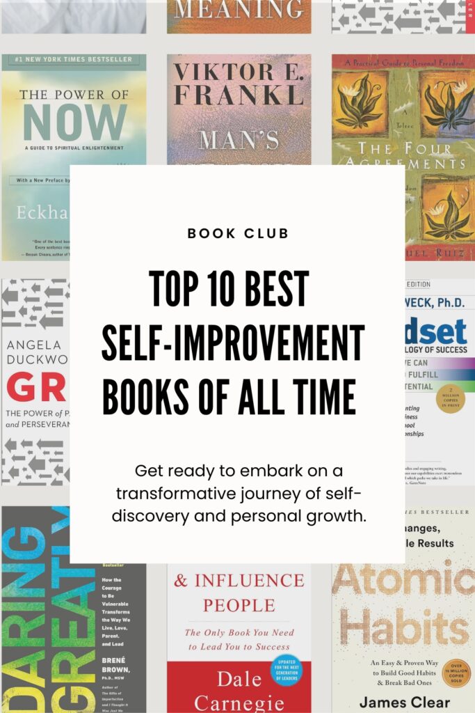 Collage of covers from the top 10 best self-improvement books of all time, featuring titles like 'The Power of Now' and 'Atomic Habits', symbolizing the transformative knowledge within.