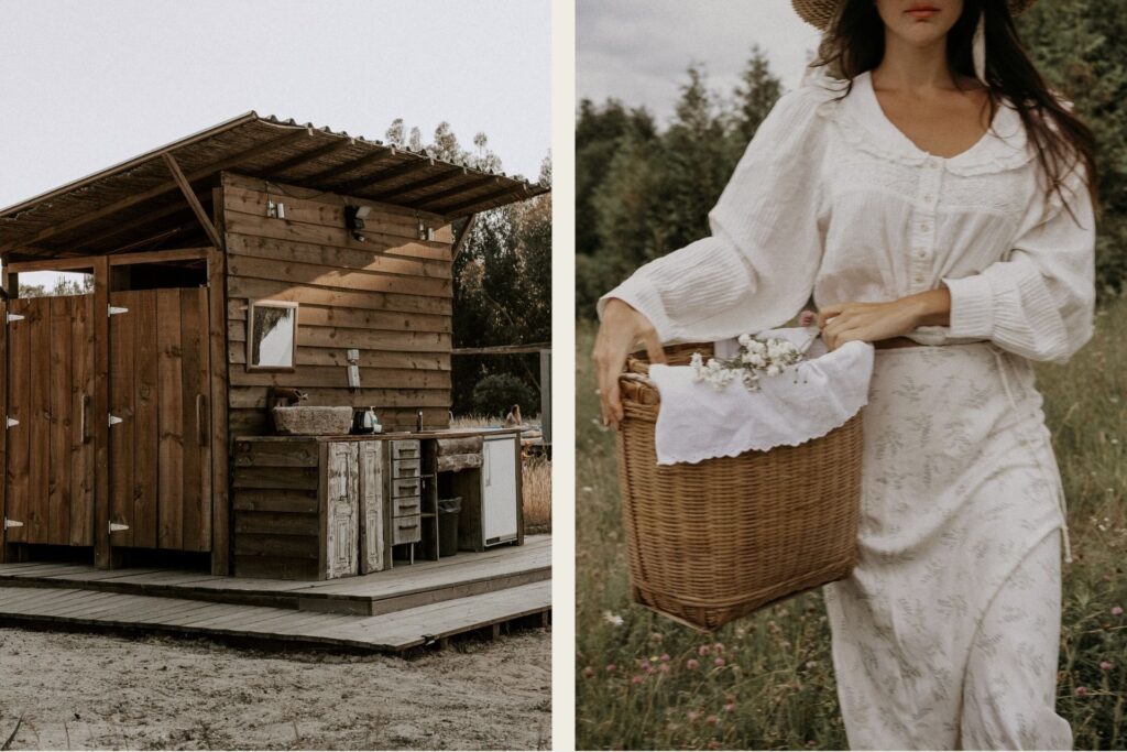 A rustic outdoor wooden kitchen under a slanted roof paired with a woman in a soft linen dress carrying a woven basket filled with wildflowers.