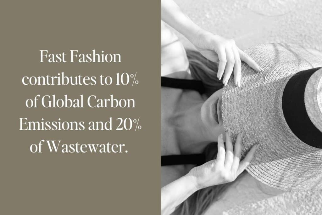 Monochrome image showcasing a woman holding her sunhat, with text highlighting fast fashion's impact: 10% of Global Carbon Emissions and 20% of Wastewater.