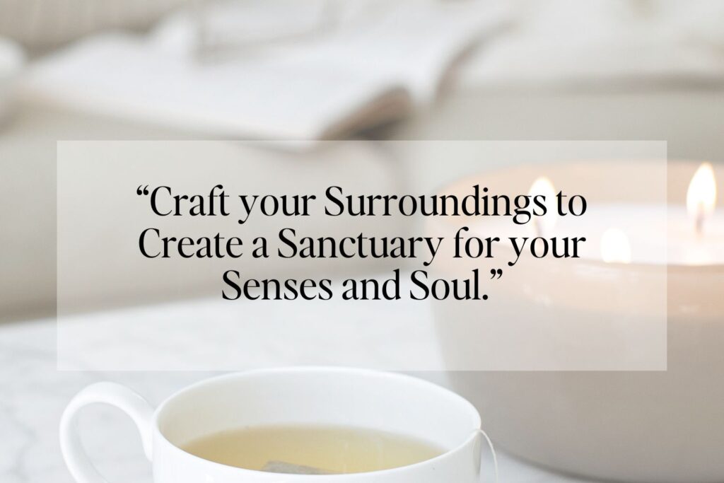 A soothing image with a cup of tea and a candle, accompanied by the quote 'Craft your Surroundings to Create a Sanctuary for your Senses and Soul.