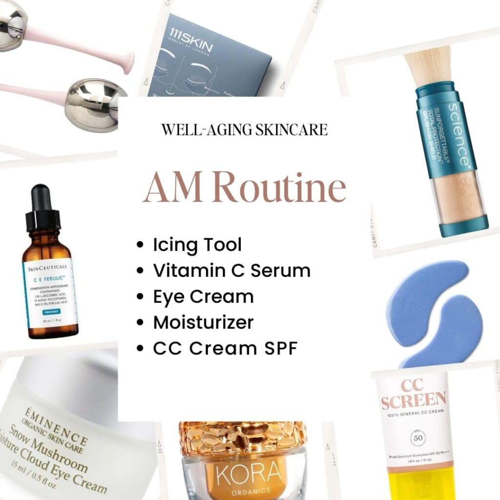 Assortment of skincare products including an icing tool, Vitamin C serum, eye cream, moisturizer, and CC cream SPF for a best anti-aging regimen for 30s AM routine.