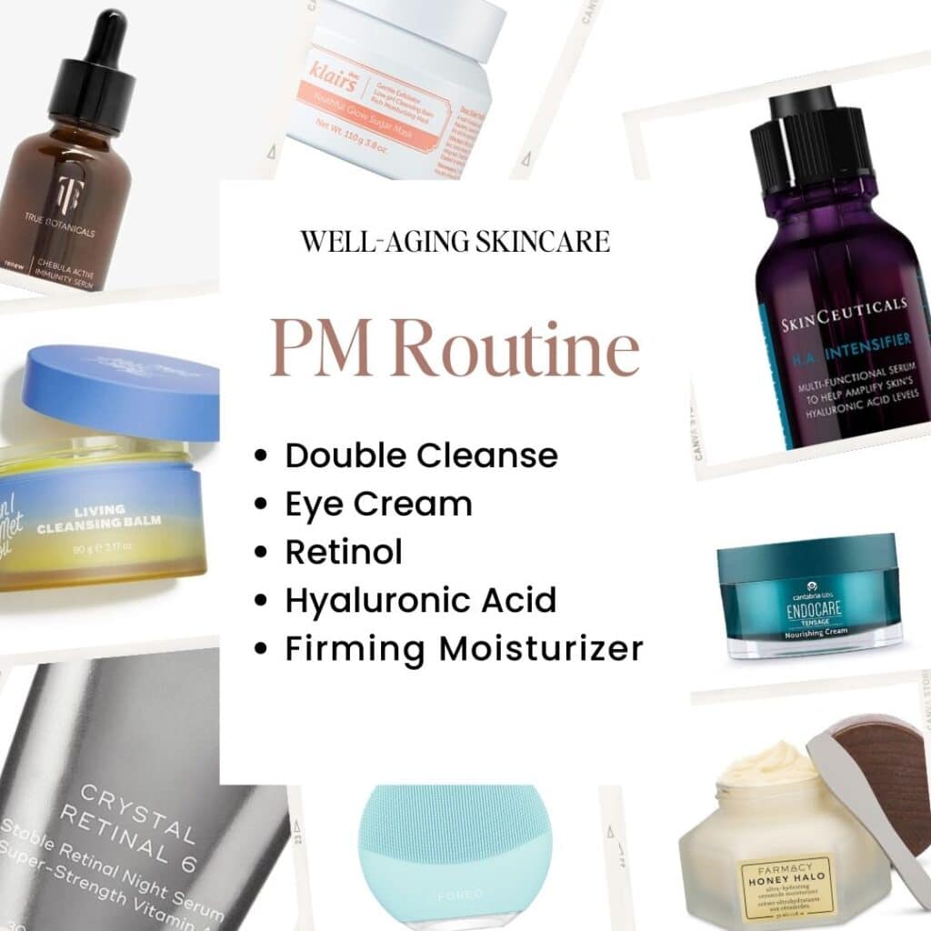 Collection of PM skincare essentials featuring double cleanse, eye cream, retinol, hyaluronic acid, and firming moisturizer for the best anti-aging regimen for 30s