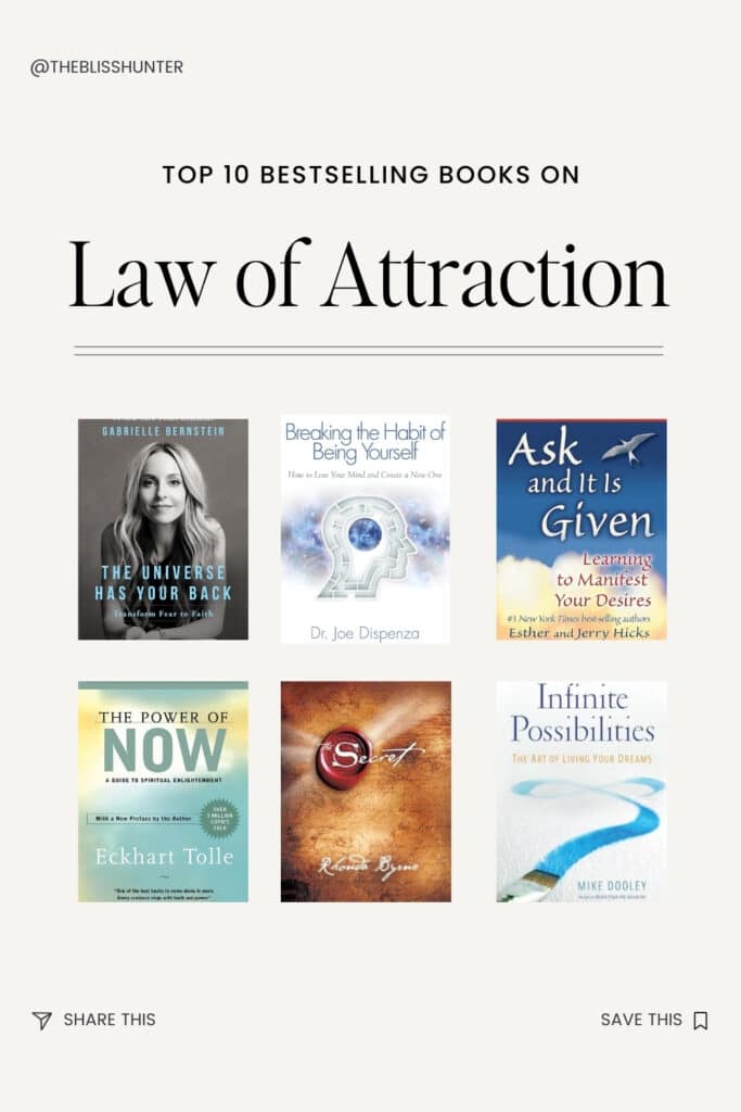 A curated collection of top Law of Attraction books, including titles by Gabrielle Bernstein and Eckhart Tolle, showcased to inspire transformation