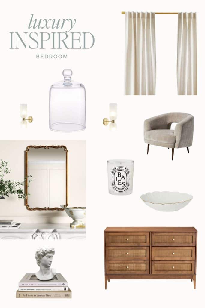 A collage showcasing a selection of luxury bedroom makeover items items including plush cream curtains, a clear glass cloche, chic wall-mounted lights, a soft grey armchair, an ornate golden mirror, a scented candle, a decorative clamshell bowl, a classic bust sculpture, and a wooden dresser with rattan drawer fronts.