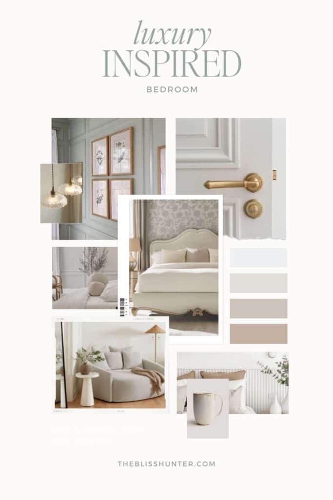 A mood board for a luxury bedroom makeover and luxury bedroom design with muted colors, showcasing elegant fixtures, sophisticated wall paneling with framed botanical prints, a gold door handle, a plush bed with ornate detailing, a cozy reading nook with soft textiles, and a neutral color palette.
