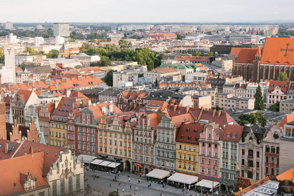 Panoramic view of Wroclaw, Poland from St Elizabeth Cathedral