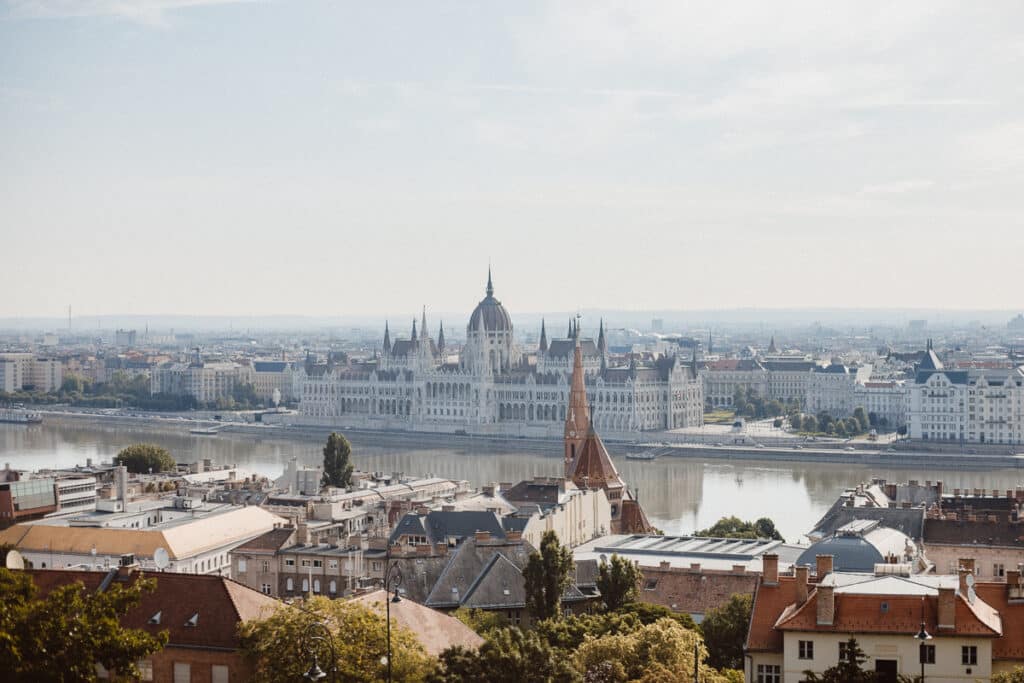 Panoramic view of the Hungarian Parliament and Danube River from Fisherman's Bastion.