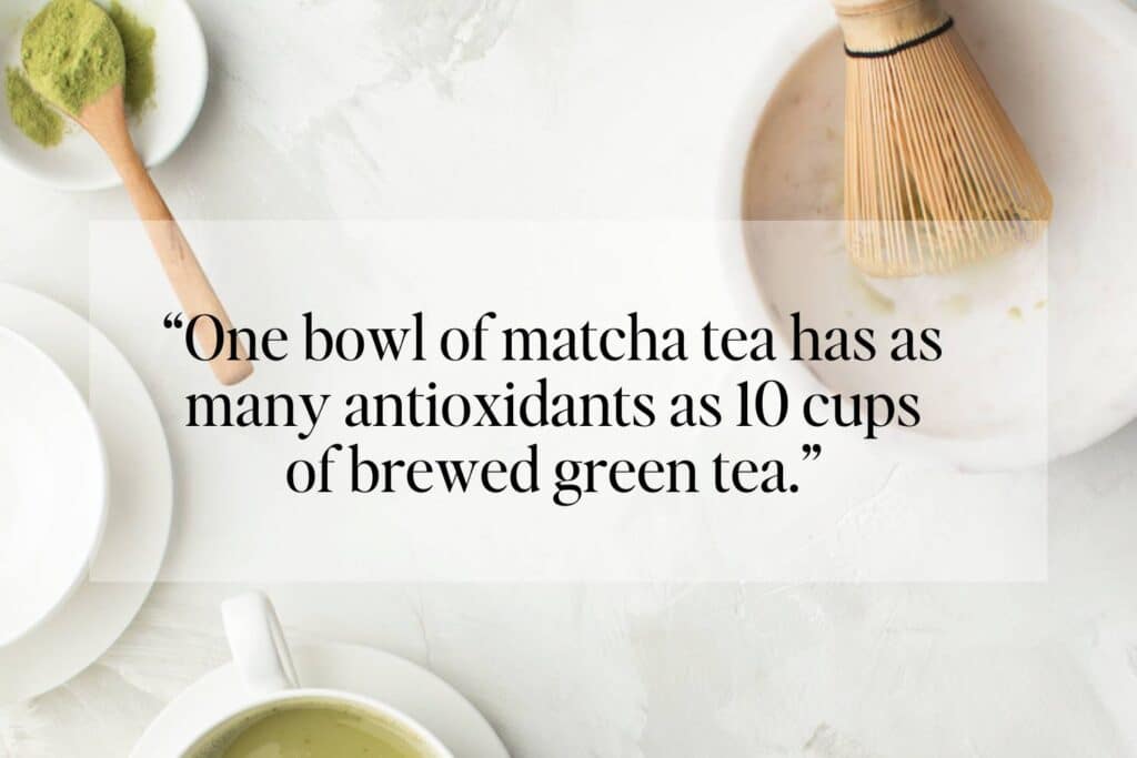 Overhead view of a matcha tea set including a whisk, spoon, bowl of matcha powder, and a cup of prepared matcha, with a quote stating matcha's antioxidant potency.