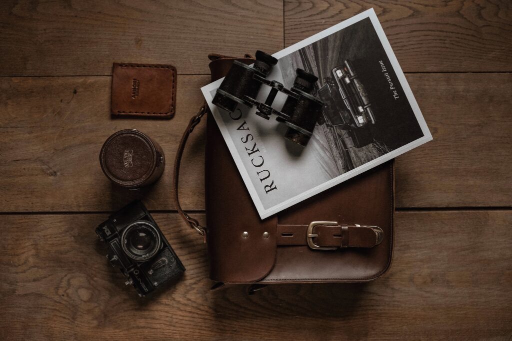 Rugsack magazine with backpack, camera, and best lens for travel photography