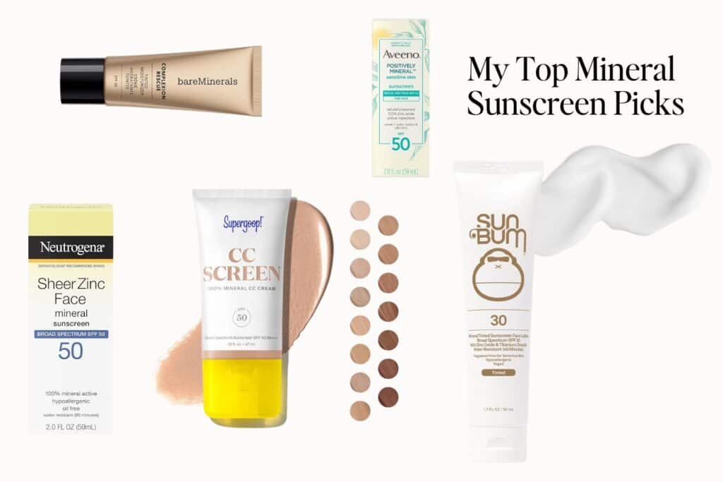 A collage of five mineral sunscreen products, showcasing a variety of brands including Neutrogena, bareMinerals, Aveeno, Supergoop!, and Sun Bum, with the text 'My Top Mineral Sunscreen Picks'