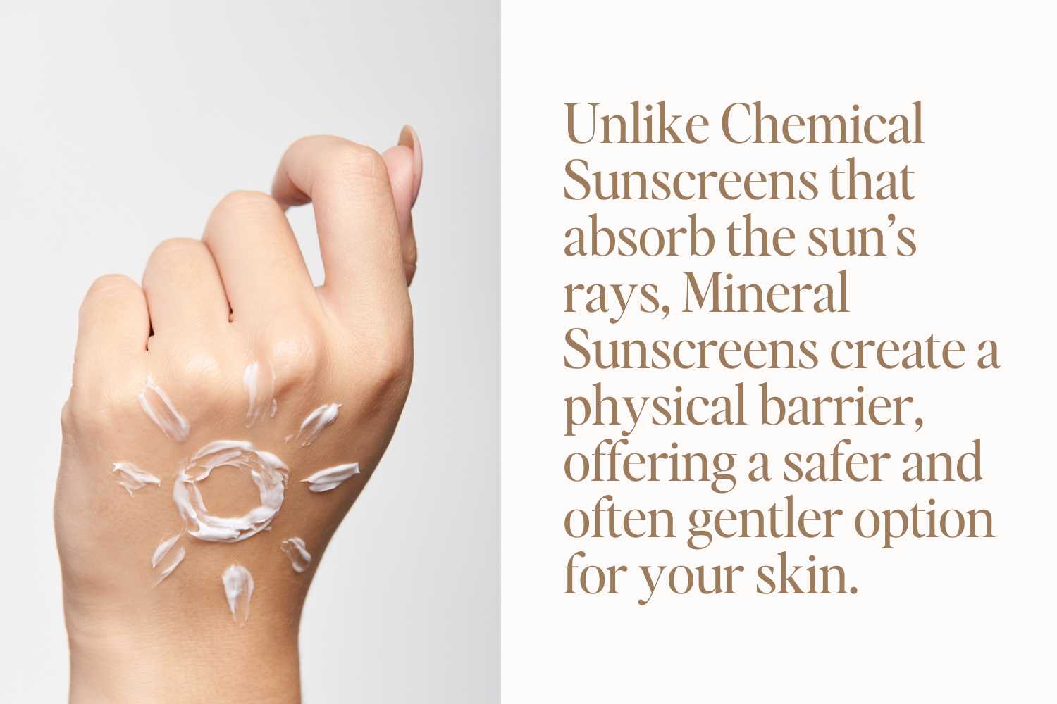 Back of a hand with a sun-shaped design drawn in mineral sunscreen, symbolizing mineral sun protection.