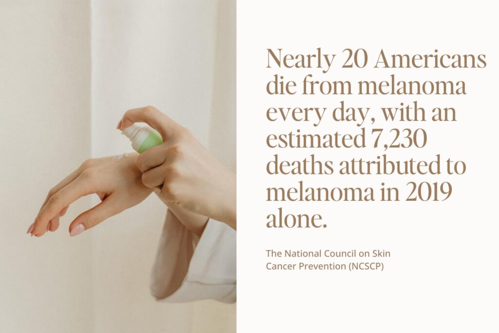 A hand squeezing mineral sunscreen from a bottle onto fingertips, with a statistic about melanoma deaths in the background