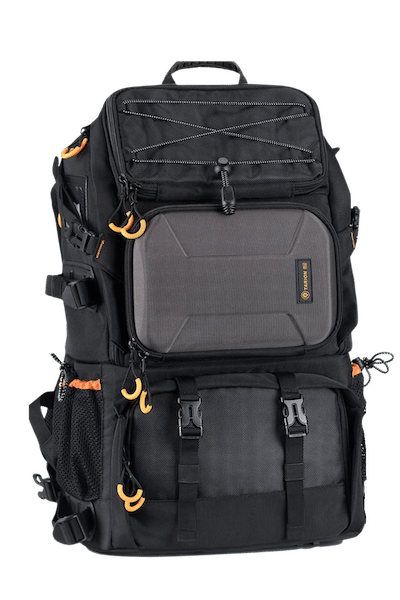 The TARION Pro Camera Backpack, a multi-compartment, high-capacity photography bag with distinctive orange detailing.