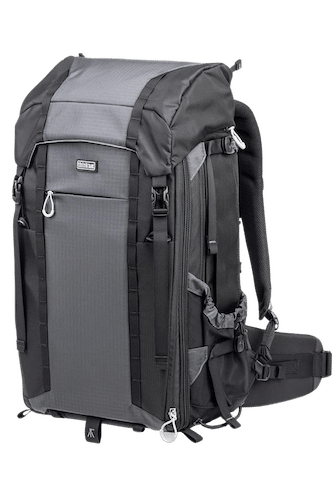 Think Tank FirstLight 35L+ Camera Backpack in black, showcasing its robust structure and comprehensive storage system.