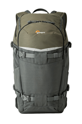 Lowepro Flipside Trek BP 350 AW Backpack in olive green, featuring a secure, structured design with multiple external straps and compartments.