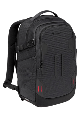 Manfrotto PRO Light Backloader S Camera Backpack, black with red accents, featuring a structured and compact design with protective padding.