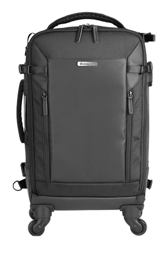 Vanguard VEO Select 58T Trolley Bag, a black, multifunctional camera and laptop rolling bag with a sleek design and four spinner wheels.