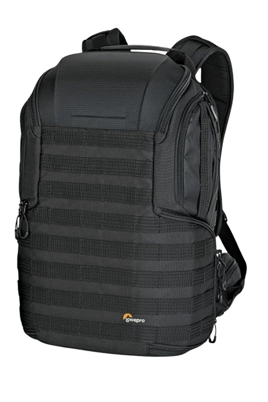 Lowepro ProTactic BP 450 AW II camera backpack displayed against a plain background, highlighting its rugged design and multiple storage compartments.