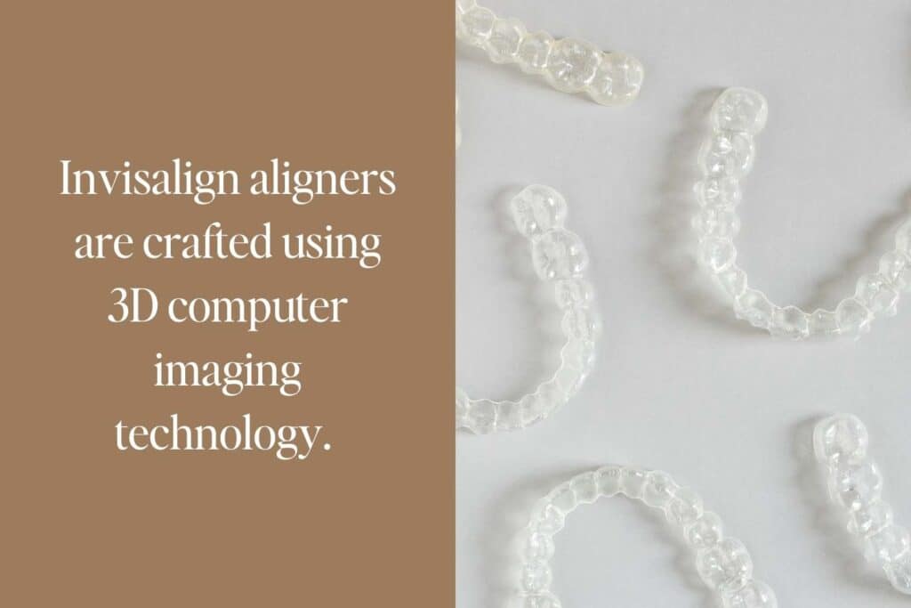 Several clear Invisalign aligners are spread out on a neutral background, emphasizing their transparent and custom-made design.