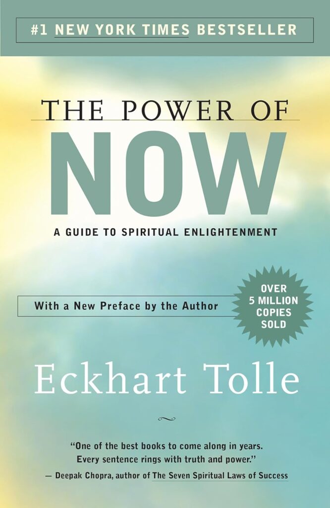 Cover of one of the Best Self-Improvement Books of All Time: 'The Power of Now' by Eckhart Tolle, featuring the title in large, serene font, the author's name, and a quote from Deepak Chopra. The cover has a soft, gradient background and a badge indicating over 5 million copies sold.