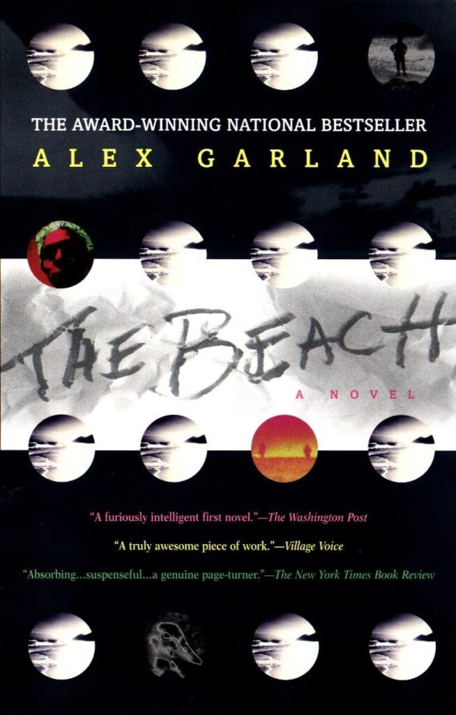 Cover of 'The Beach' by Alex Garland, featuring a montage of eclipsed suns and a silhouette of a person standing in the center, symbolizing the novel's themes of paradise and darkness. One of the Best books for Wanderlust