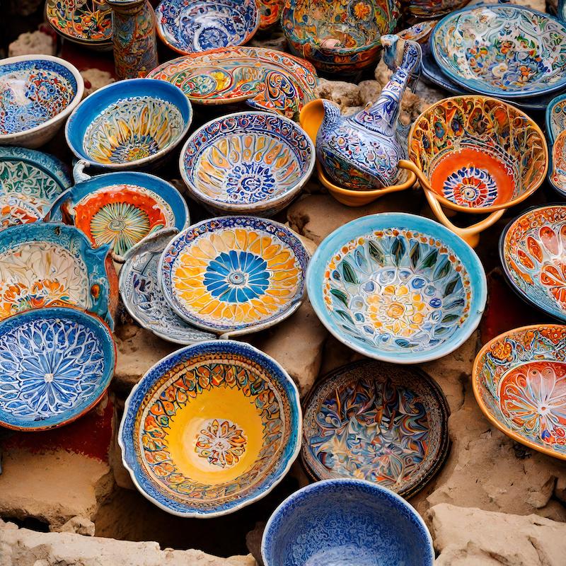 Is Djerba Worth Visiting? Hand-painted ceramic bowls and pitchers displayed on the ground, showcasing intricate traditional Tunisian designs in a variety of vibrant colors. 