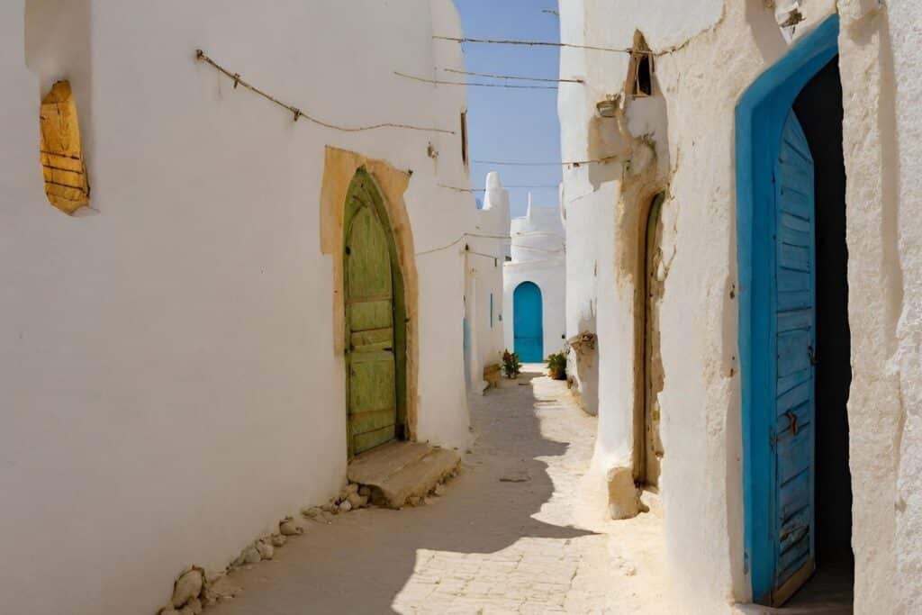 A sun-drenched alley in Djerba lined with traditional whitewashed walls and contrasting blue doors, reflecting the island's characteristic charm.