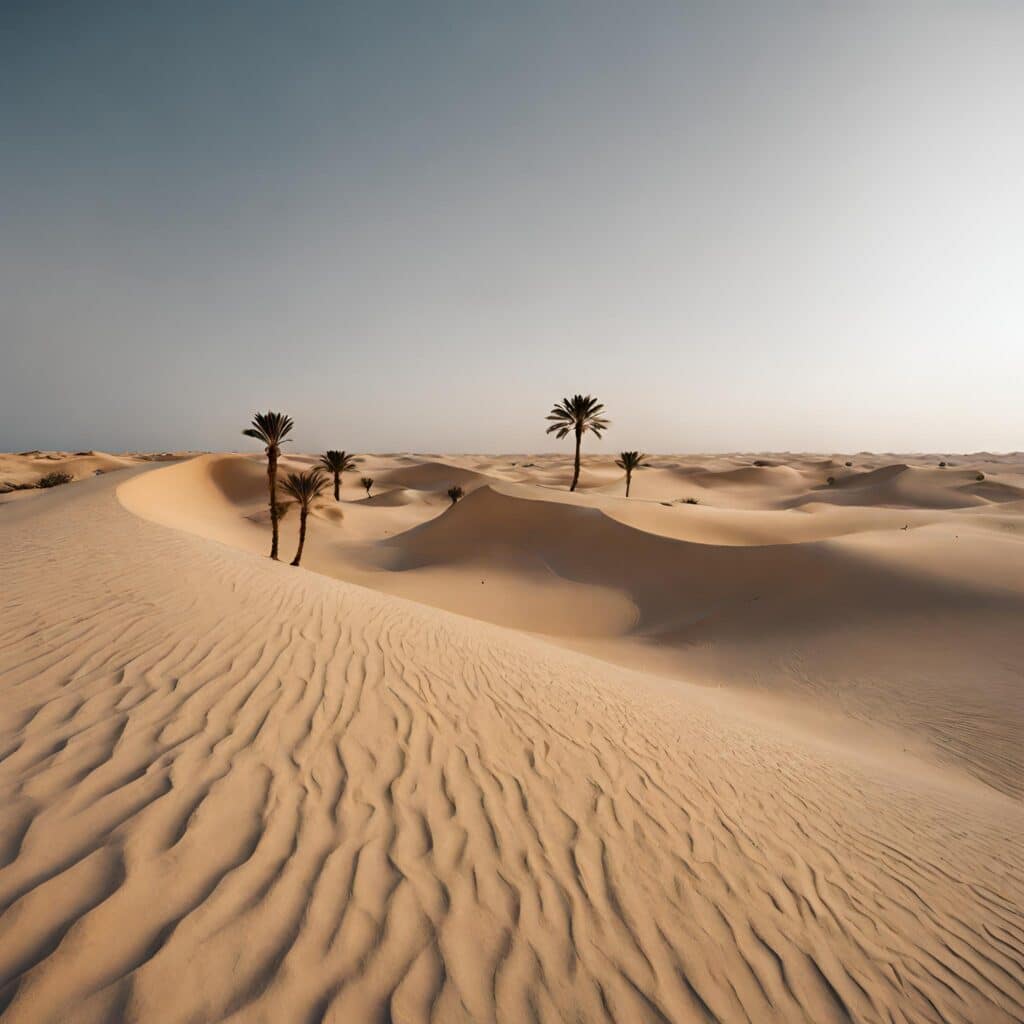 Tranquil desert dunes with scattered palm trees under a hazy sky, capturing the serene landscape near Djerba.