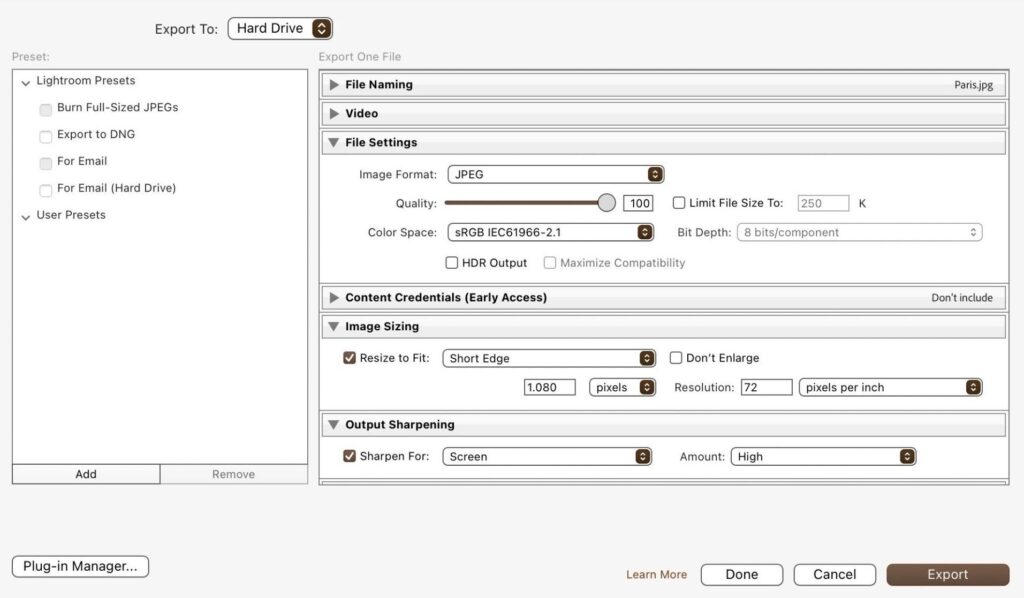 Lightroom export settings window showing JPEG format, 100% quality, sRGB color space, 1080 pixels on short edge, and screen sharpening selected.